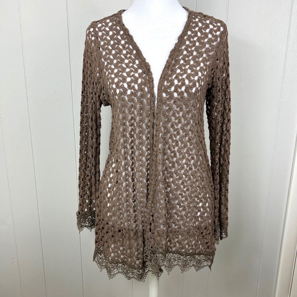 Womens Brown Crochet Open Knit Lace Trim Cardigan Size M Boho Festival Fairy
